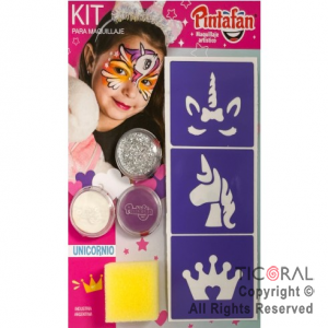 KIT PARA MAQUILLAJE UNICORNIO ACUA 3 COLORES + ESPONJA + STENCIL AUTOADHESIVO 650-04 x 1